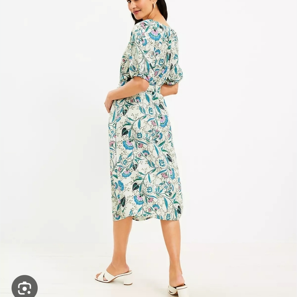 Ann Taylor Loft Linen Floral V-Neck Puff Sleeve Midi Dress Size MP Belted - Picture 16 of 16